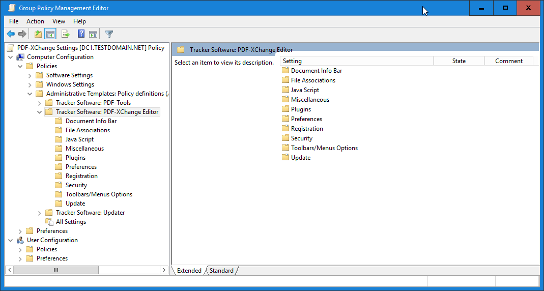 Tracker Administrative Templates in the Group Policy Management Editor